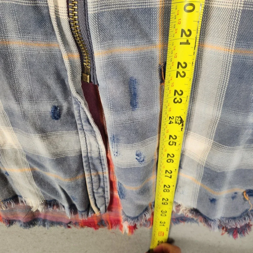 Free People Deconstructed Shirt Jacket Small Blue Plaid Studded Distressed